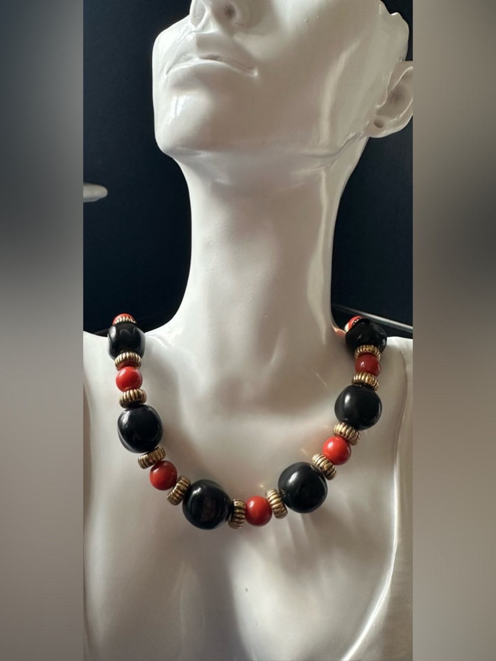 MONET  Black Red & Gold Fluted Bead  Accents.Small Lobster Claw Calasp Necklace